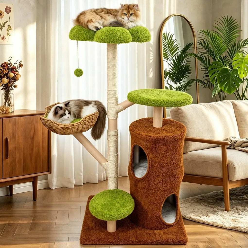 Borwart Solid Wooden Cat Tree Tower With Sisal Scratching Post
