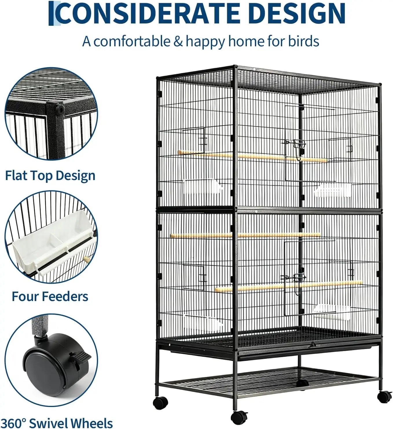 HiMISS Large Bird Cage With Rolling Stands And Bowls