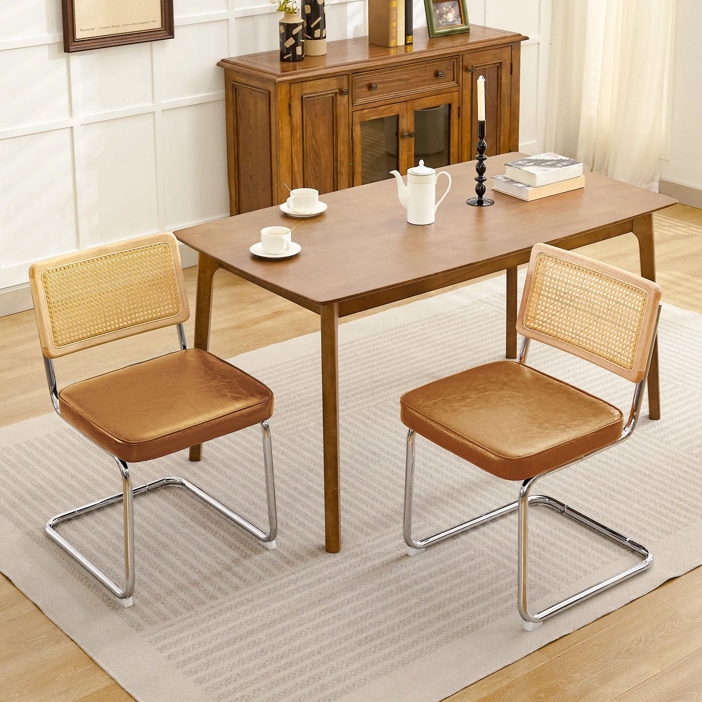 Kerdom Mid Century Rattan Dining Chairs PU Upholstered Chrome Cantilever