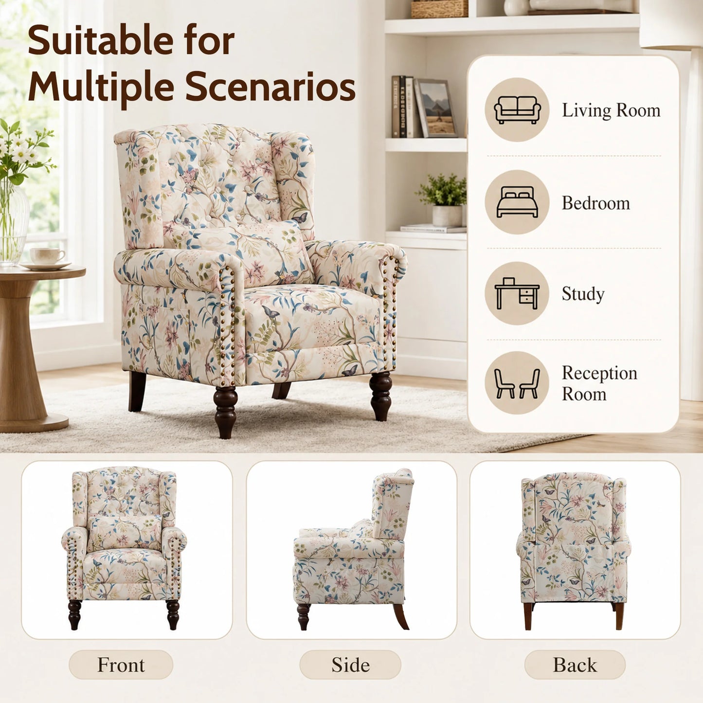 TCGBKAF Vintage Floral Wingback Club Chair Mid Century Modern Upholstered