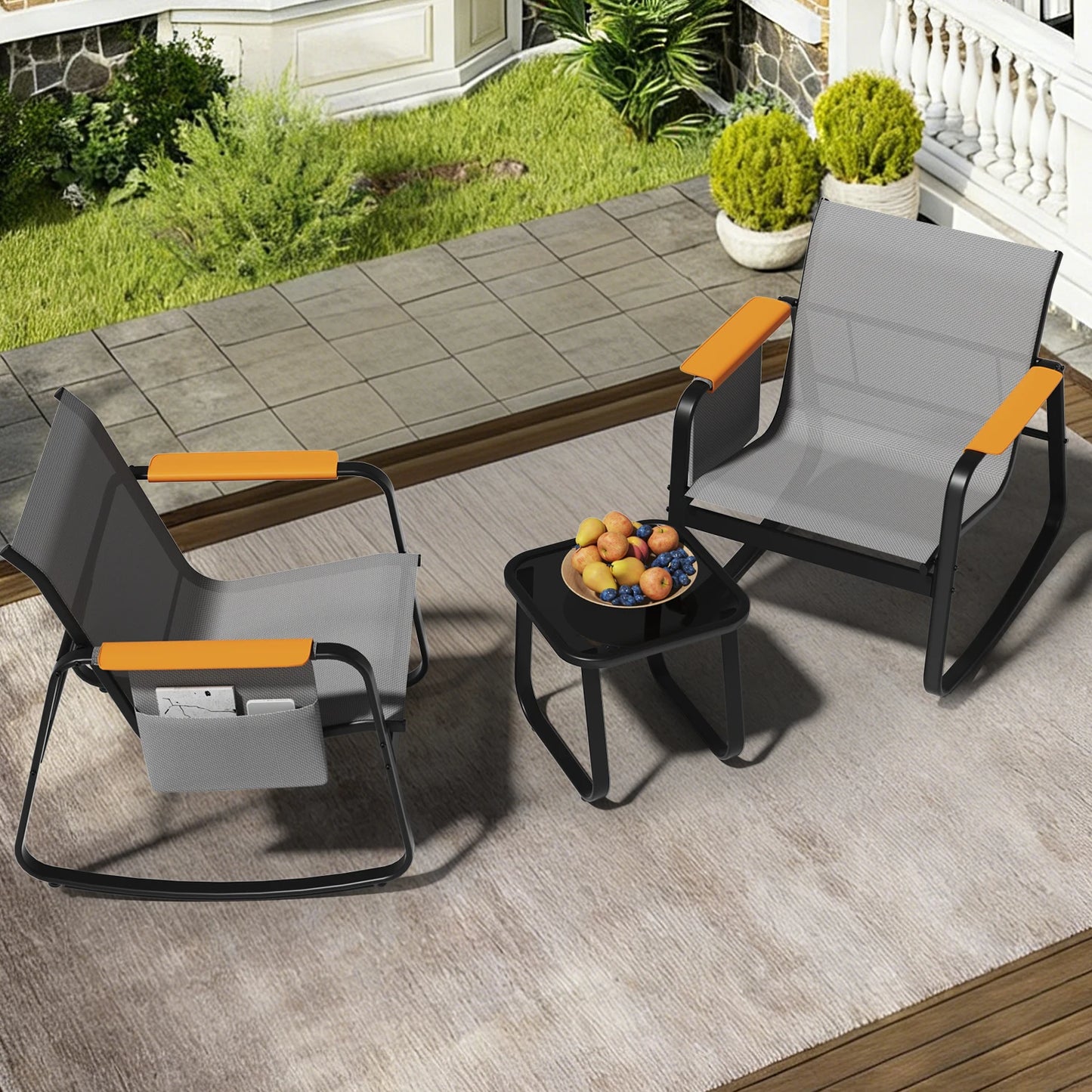 All Weather Bistro Set With Textilene Chairs And Glass Top