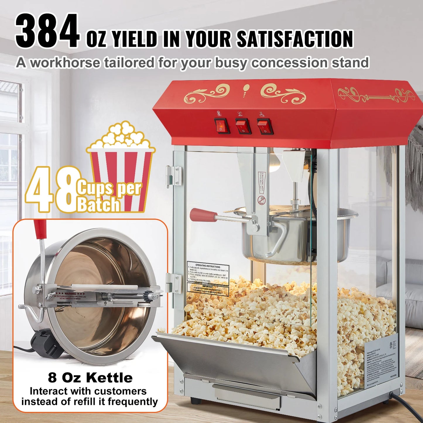 SucceBuy 8/12Oz Electric Popcorn Maker Commercial Popper Machine  Automatic Corn Cookware with Scoop Spoon SUS304 Heating Tube