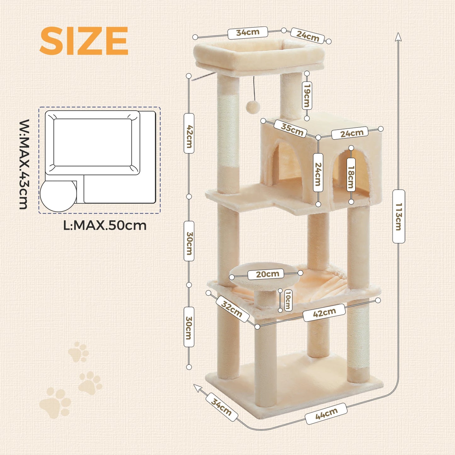 Pequlti Five Level Cat Tree With Sisal Scratcher And Hammock