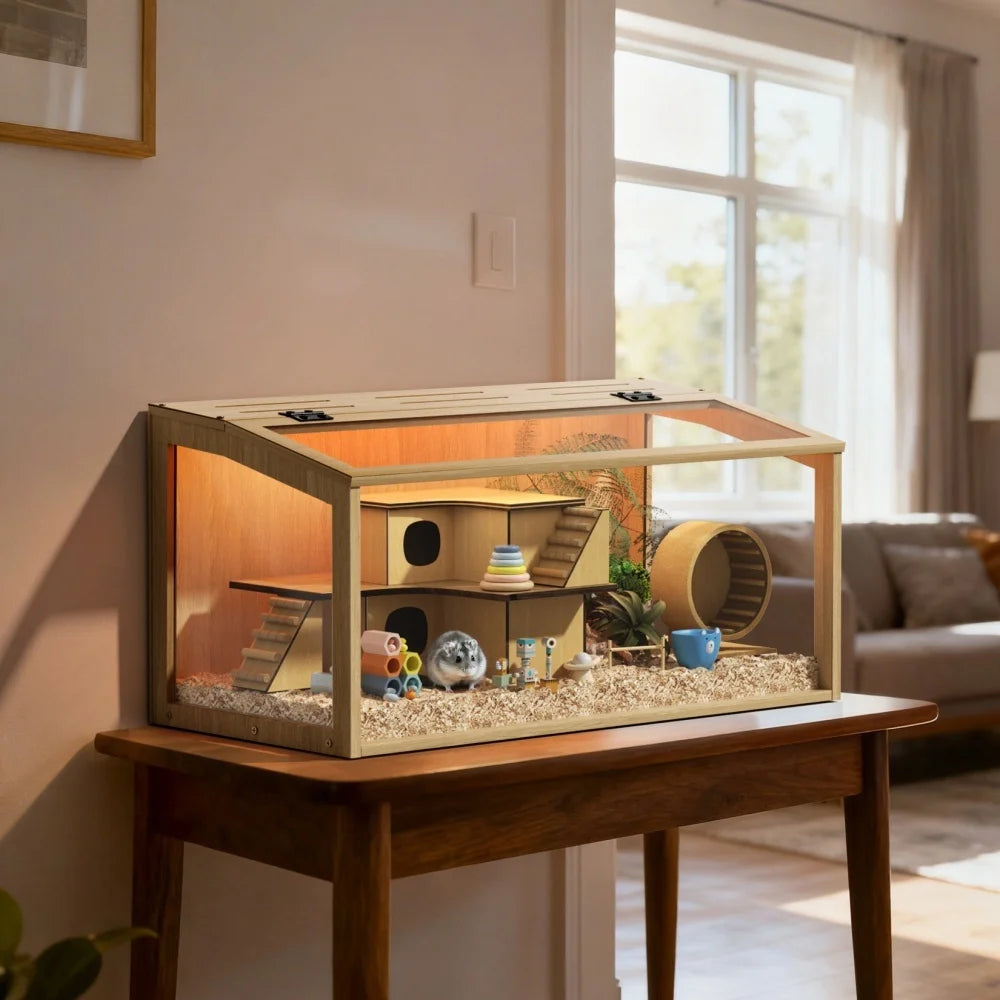 Wooden Hamster Habitat With Tempered Glass And Openable Roof