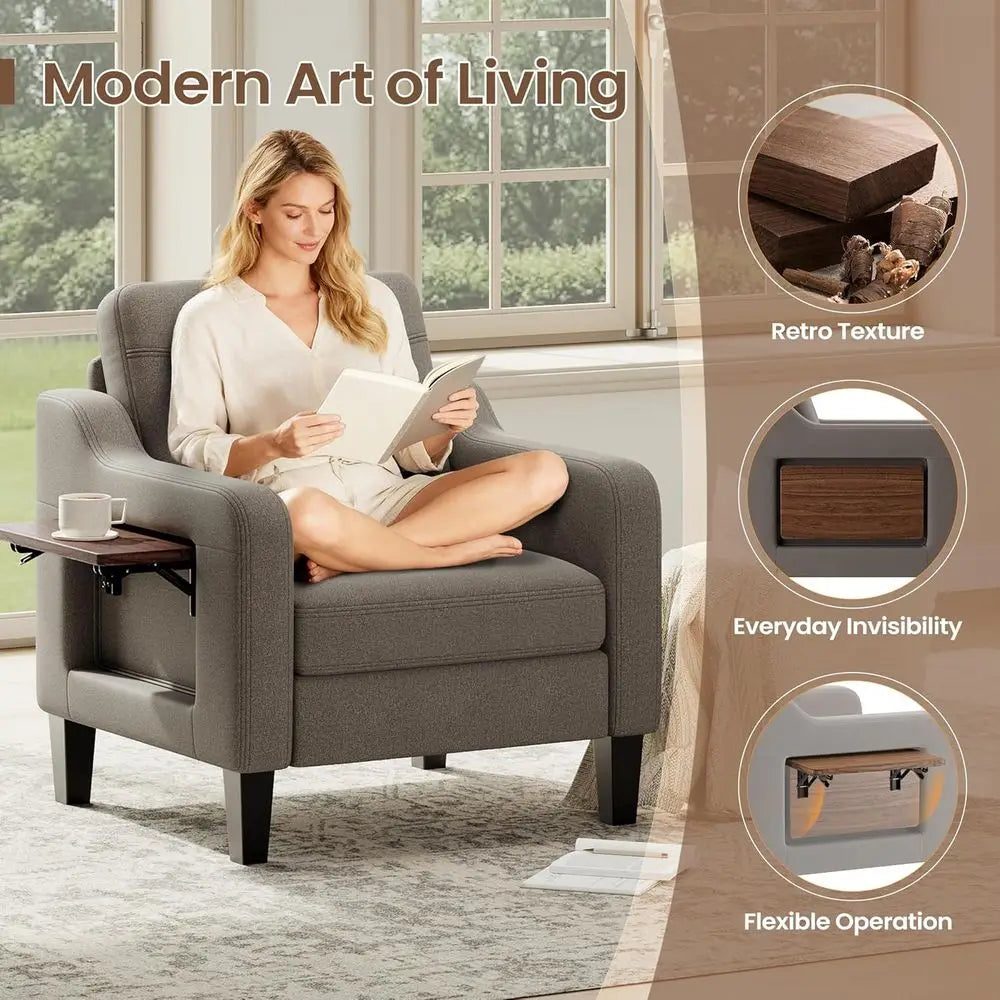 Upholstered Rotatable Armchair With Wooden Frame For Living Room