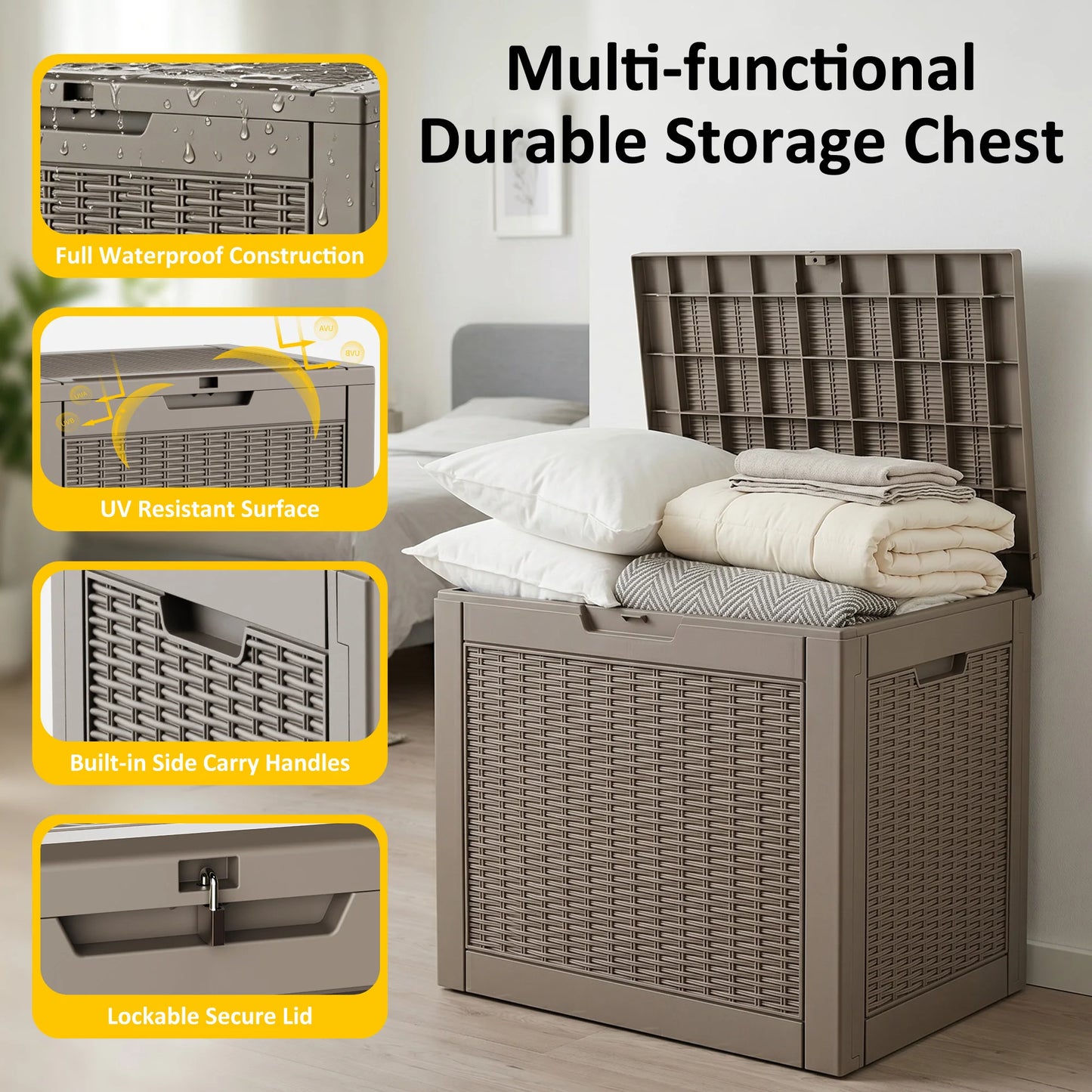 30 Gallon Gray Rattan Textured Resin Outdoor Deck Box Weatherproof Lockable Patio Storage Chest for Backyard Pool Garden Supplies