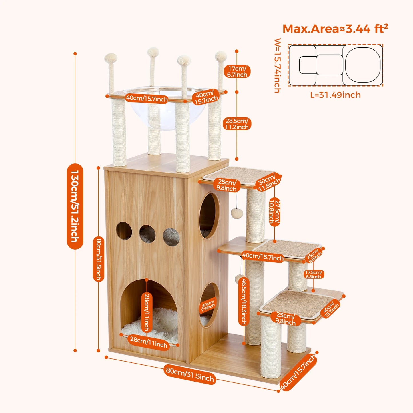 PAWZ Ro Multi-Level Cat Tree Wood Tower With Scratching Posts