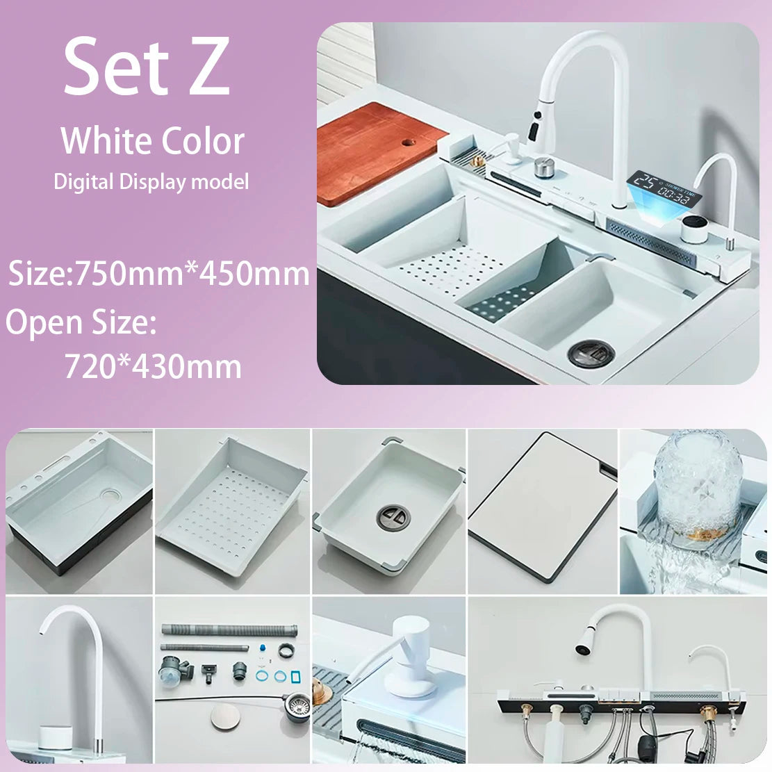 304 Stainless Steel Waterfall Kitchen Sink Large Single Slot Integrated Digital Display Faucet Set Soap Dispenser Cup Washer