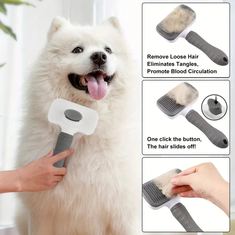 Ergonomic Self Cleaning Pet Brush With Round Tip Needles