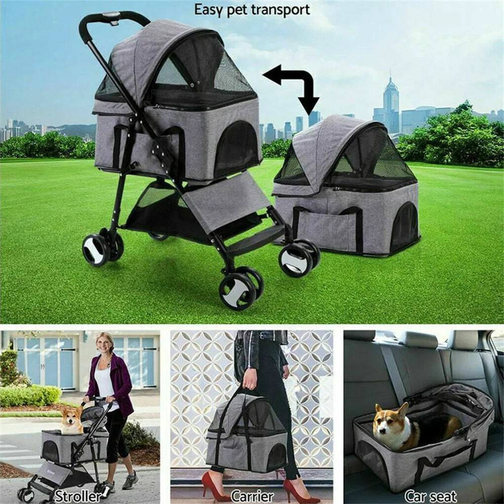 Foldable Pet Stroller With Storage Basket And Rain Cover