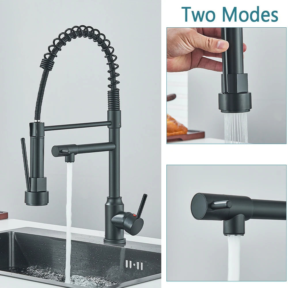 Black Spring Pull Down Stainless Steel Kitchen Sink Faucet Hot Cold Water Mixer Crane Tap with Dual Spout 360° Rotation Faucet