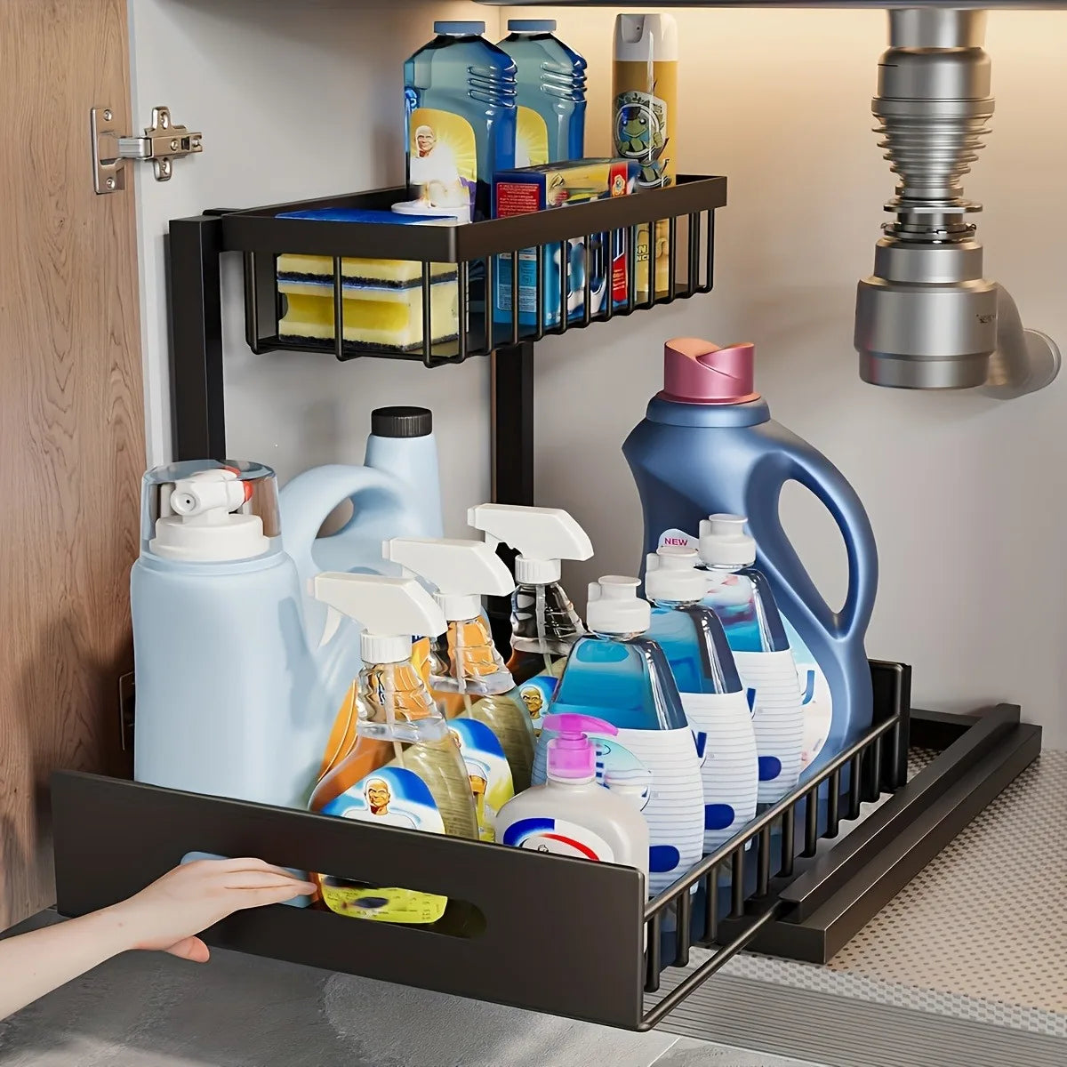 [Sliding Pull-out Cabinet Rack] 1/2pcs Sliding Pull-out Metal Cabinet Sorting Rack | Lower Sink Kitchen Storage, For Kitchen Bat