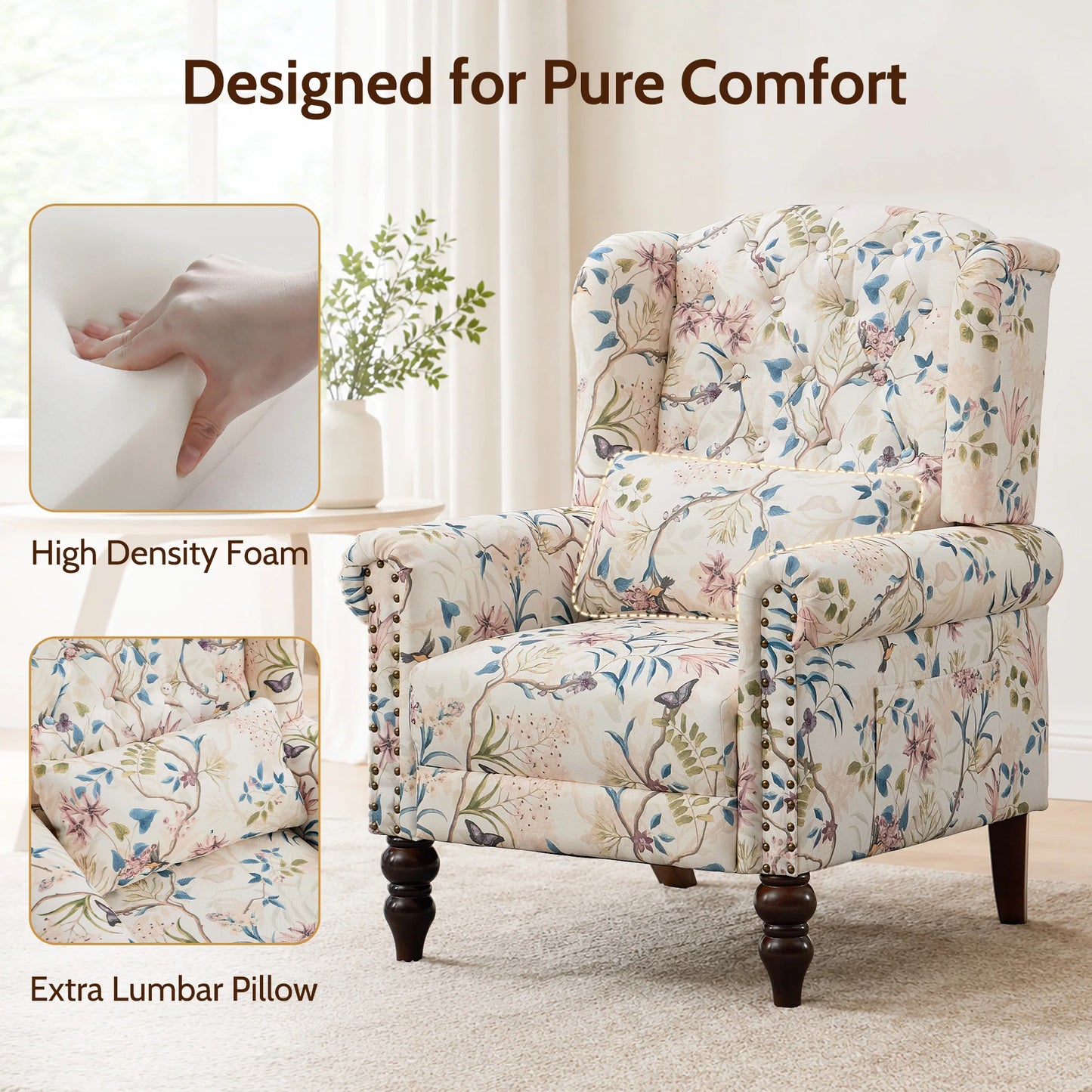 TCGBKAF Vintage Floral Wingback Club Chair Mid Century Modern Upholstered
