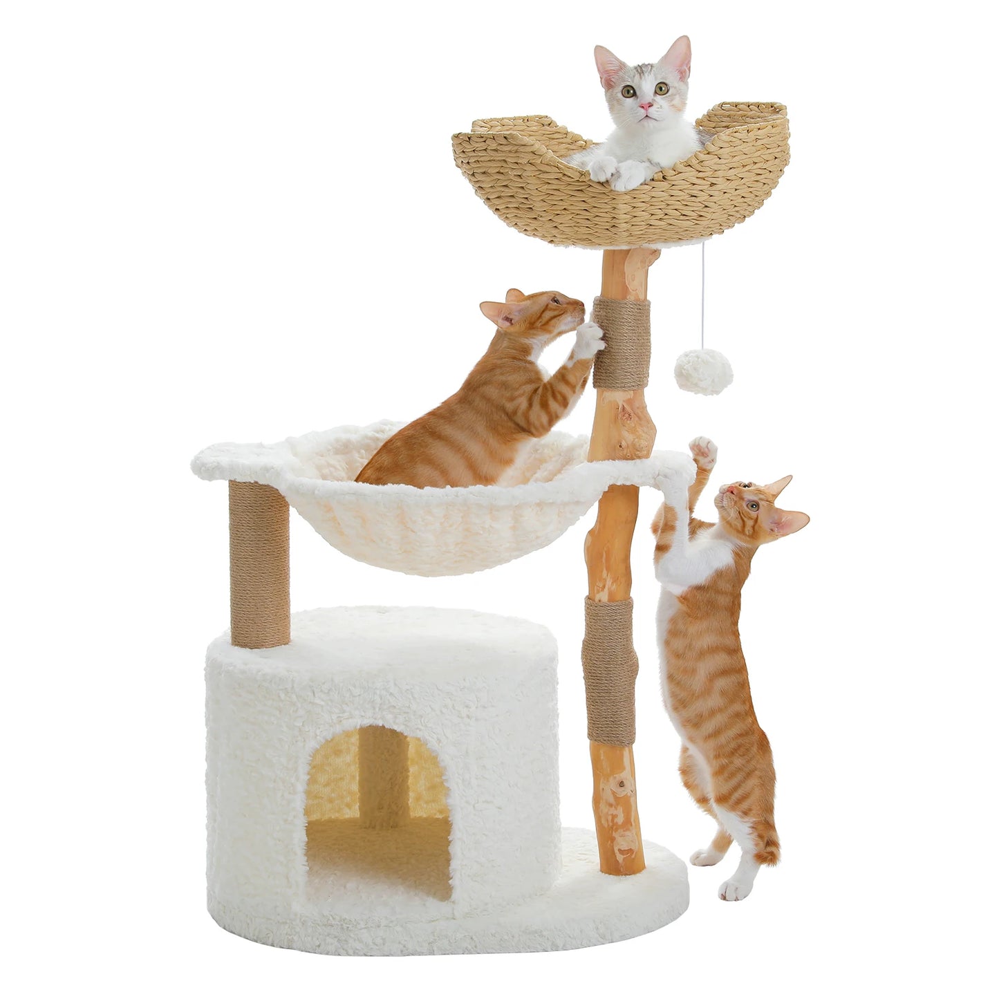 PAWZ Road Modern Wooden Cat Tree Tower With Wicker Basket