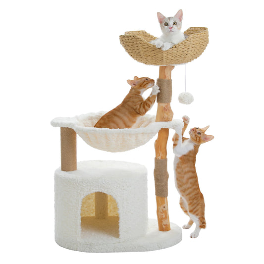 PAWZ Road Modern Wooden Cat Tree Tower With Wicker Basket