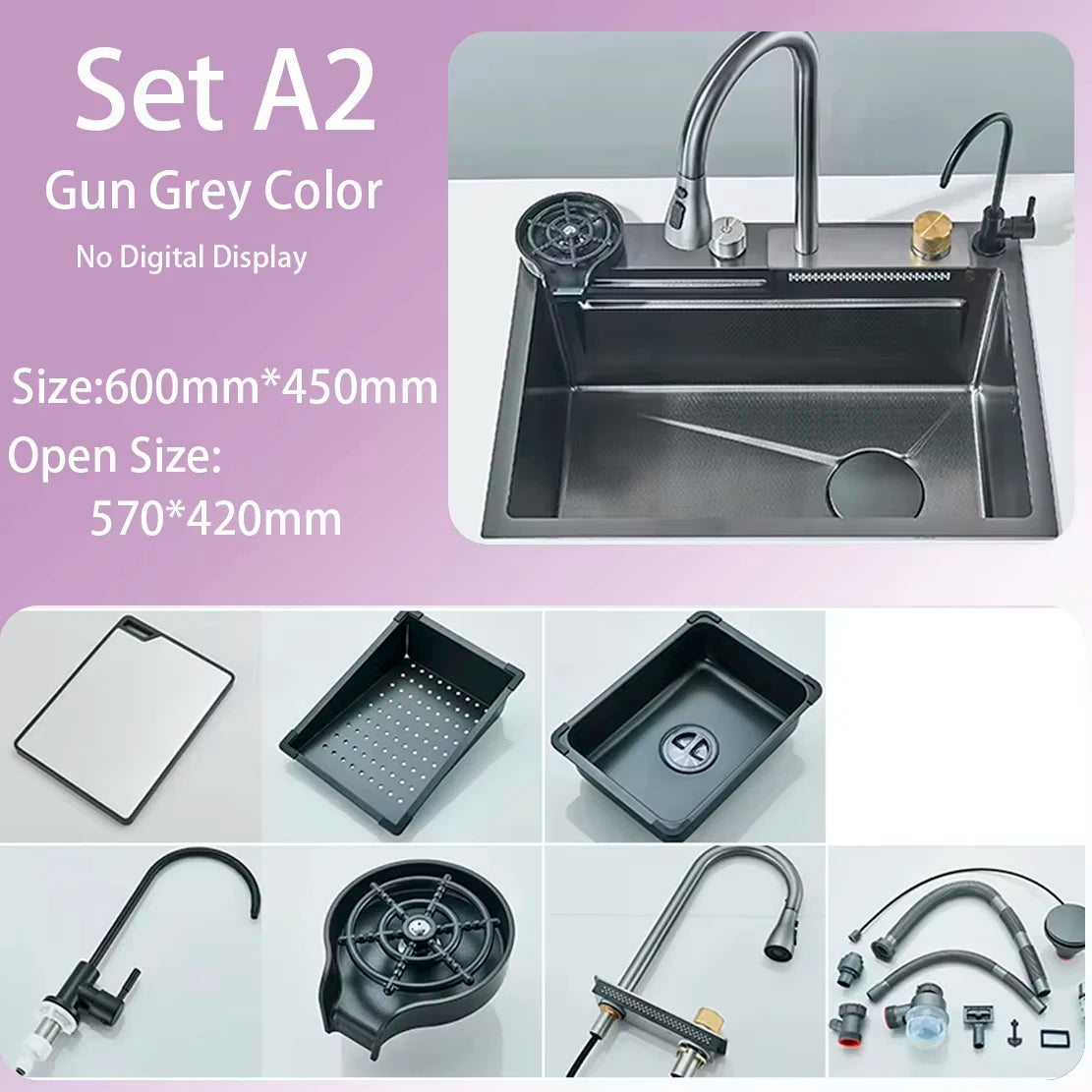 304 Stainless Steel Waterfall Kitchen Sink Large Single Slot Integrated Digital Display Faucet Set Soap Dispenser Cup Washer