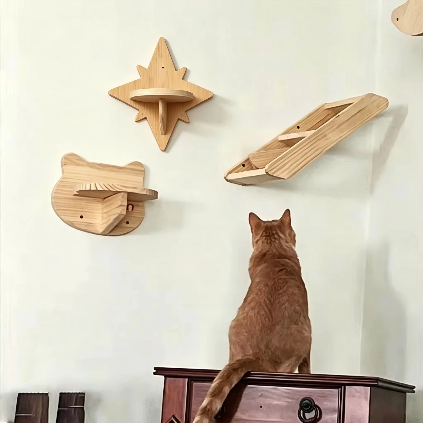 CWV Wall Mounted Cat Shelves Pine Wood Moon Star Platform