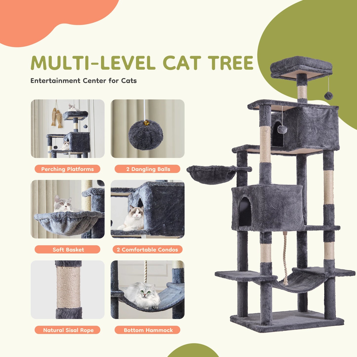 JHK Multi Level Cat Tree With Sisal Posts And Condo