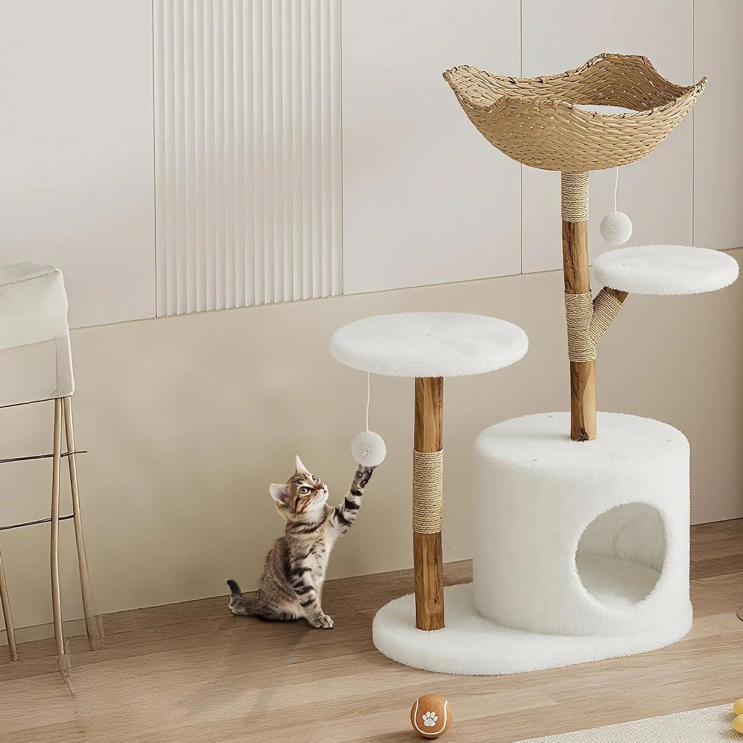 Sturdy Wooden Cat Tree Tower With Multi Level Rattan Perches