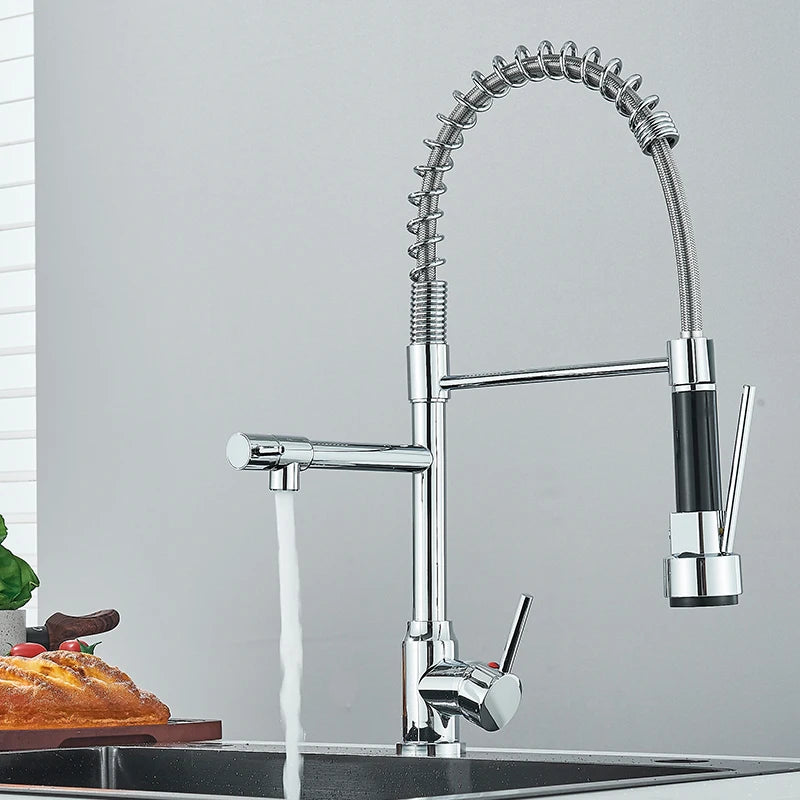 Chrome Kitchen Faucet Spring 360° Pull Down Sprayer Hot Cold Water Mixer Tap Deck Mounted Dual Spout Nozzle Faucets Crane
