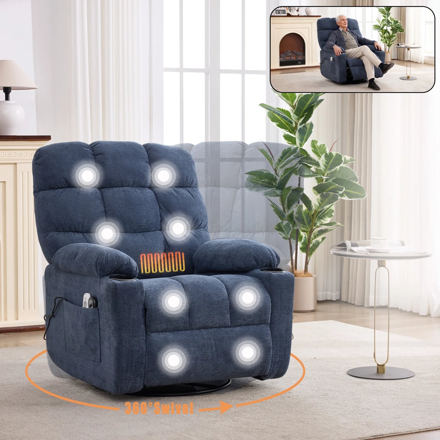 Metal Rocking Recliner Chair With Massage Heat And Cup Holders