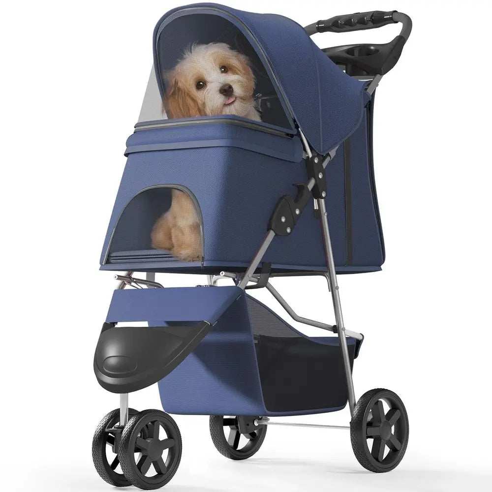Three Wheel Foldable Pet Stroller With Rear Brakes And Storage