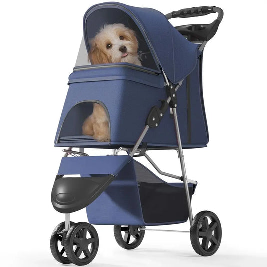 Three Wheel Foldable Pet Stroller With Rear Brakes And Storage