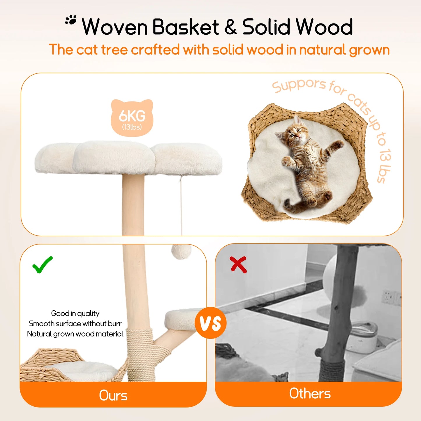 Borwart Solid Wooden Cat Tree Tower With Sisal Scratching Post