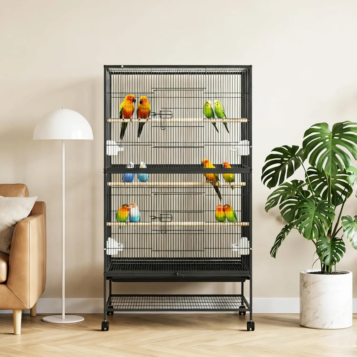 HiMISS Large Bird Cage With Rolling Stands And Bowls