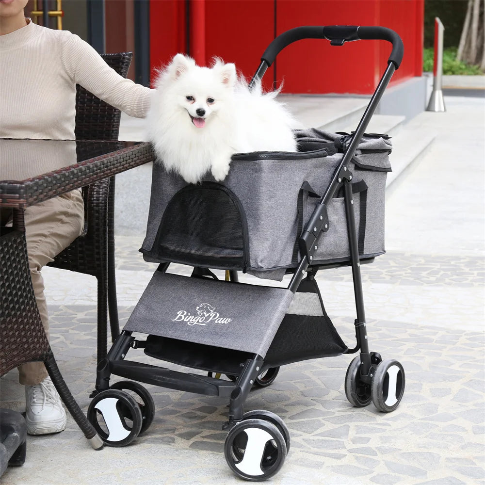Foldable Pet Stroller With Storage Basket And Rain Cover
