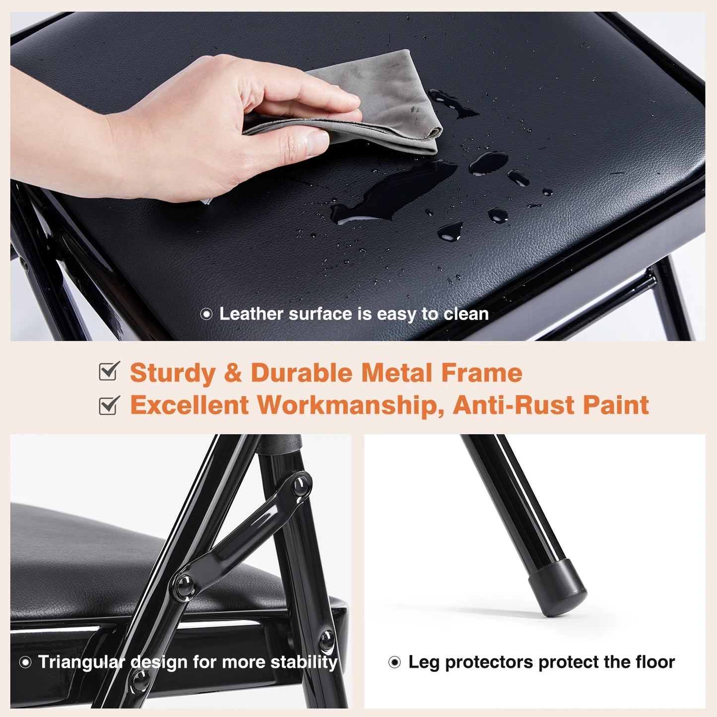 JHK Leather Padded Folding Chairs 4 Pack Sturdy Metal Frame