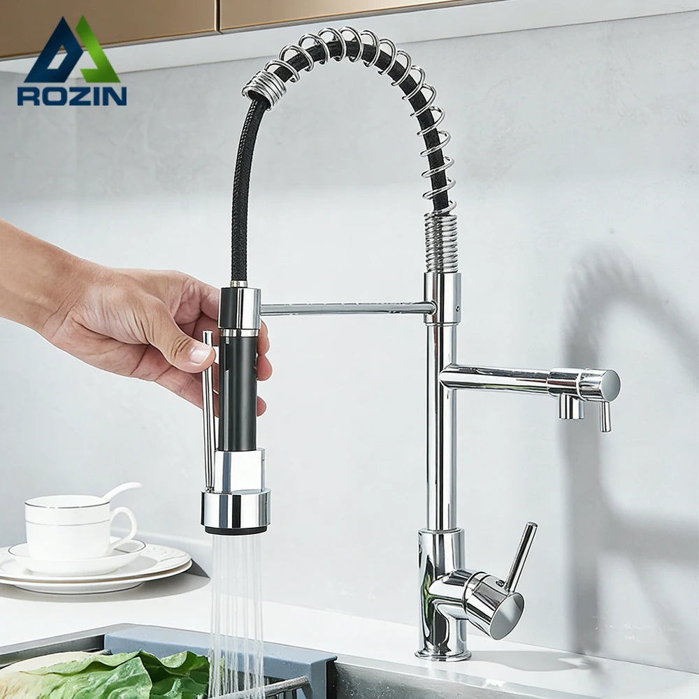 Rozin Black and Rose Golden Spring Pull Down Kitchen Sink Faucet  Hot & Cold Water Mixer Crane Tap with Dual Spout Deck Mounted