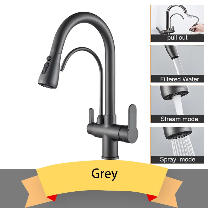 Purification Kitchen Sink Faucet Purified Water Hot and Cold Water Faucets Black Golden Deck Mounted Dual Handle Mixer Tap
