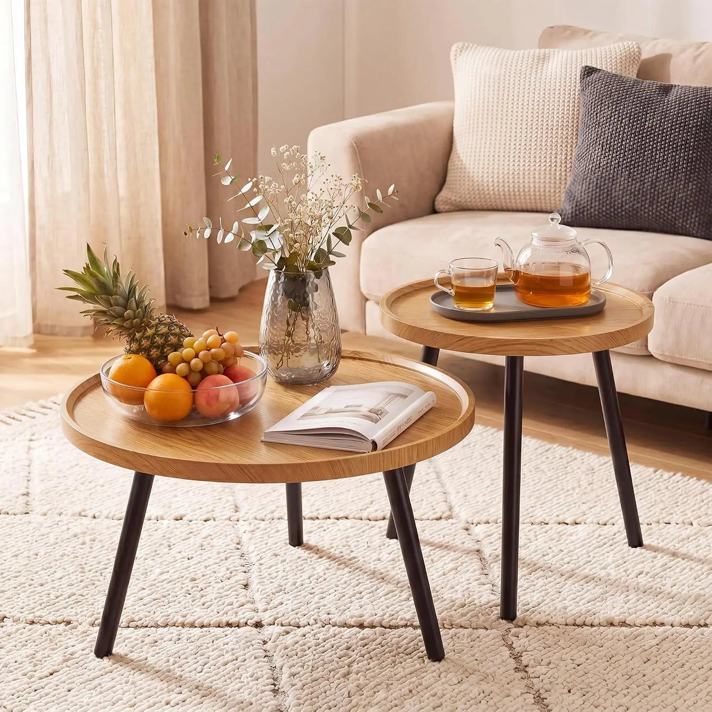 Round Nesting Coffee Table Set With Wood And Metal Frame