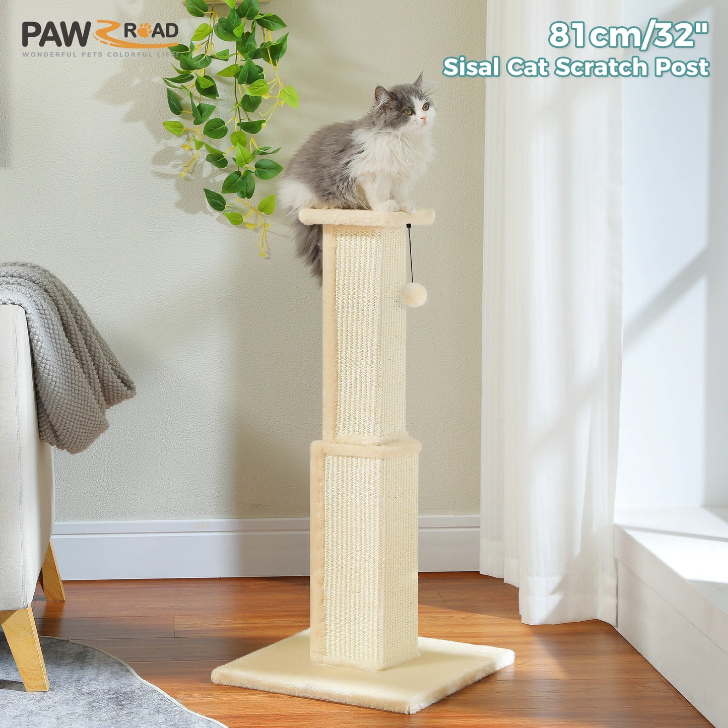 Pawz Road Woven Sisal Cat Scratching Post With Dangling Ball