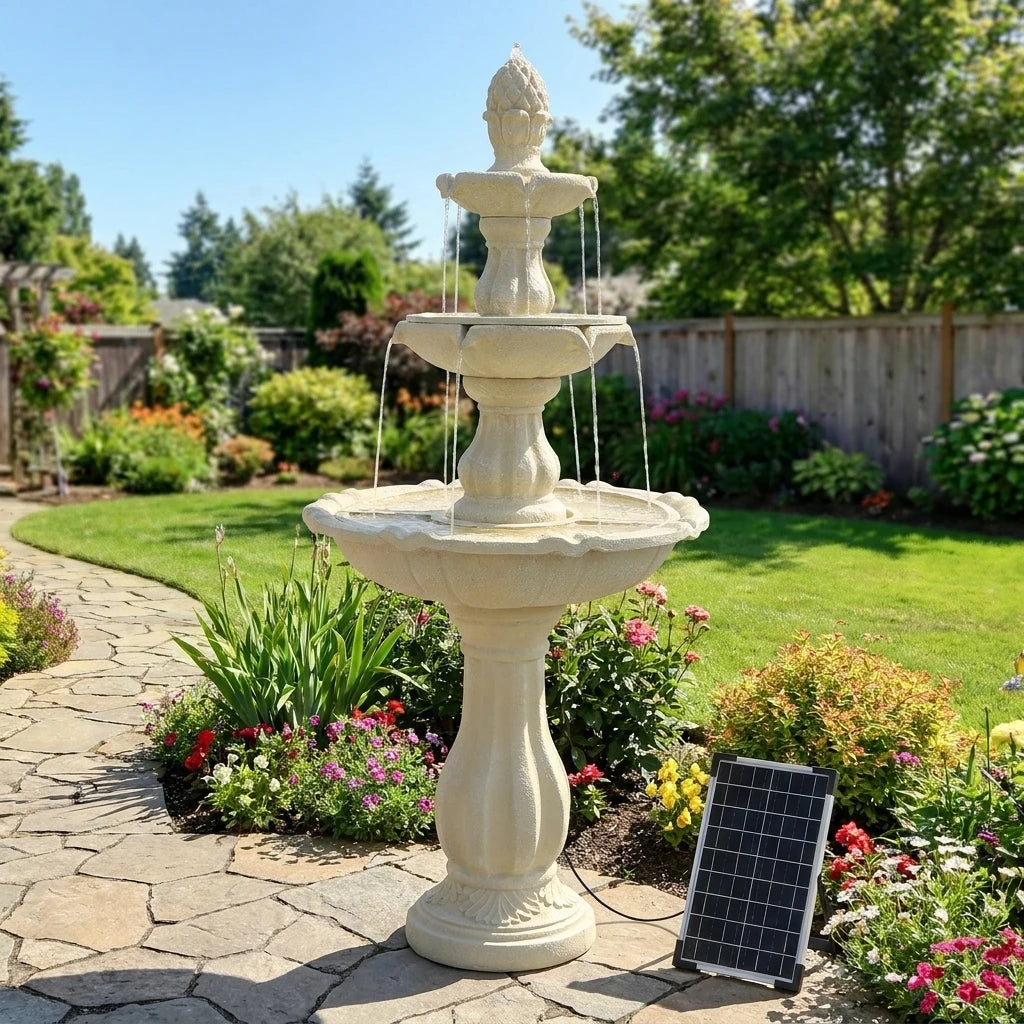 Three Tier Solar Powered Outdoor Water Fountain For Garden Decor