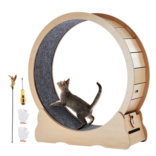 Premium Wooden Cat Exercise Wheel With Carpet And Toy