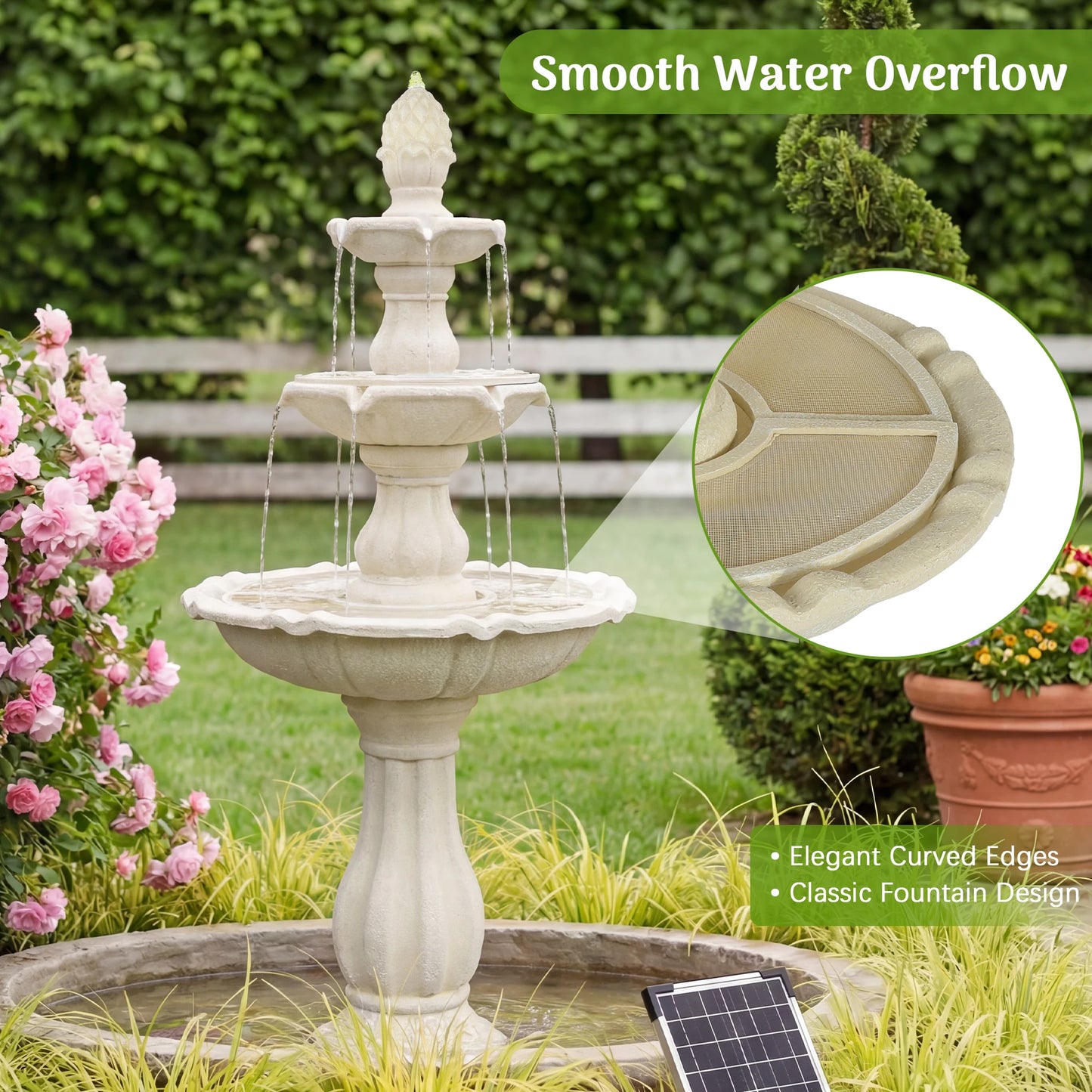 Three Tier Solar Powered Outdoor Water Fountain For Garden Decor
