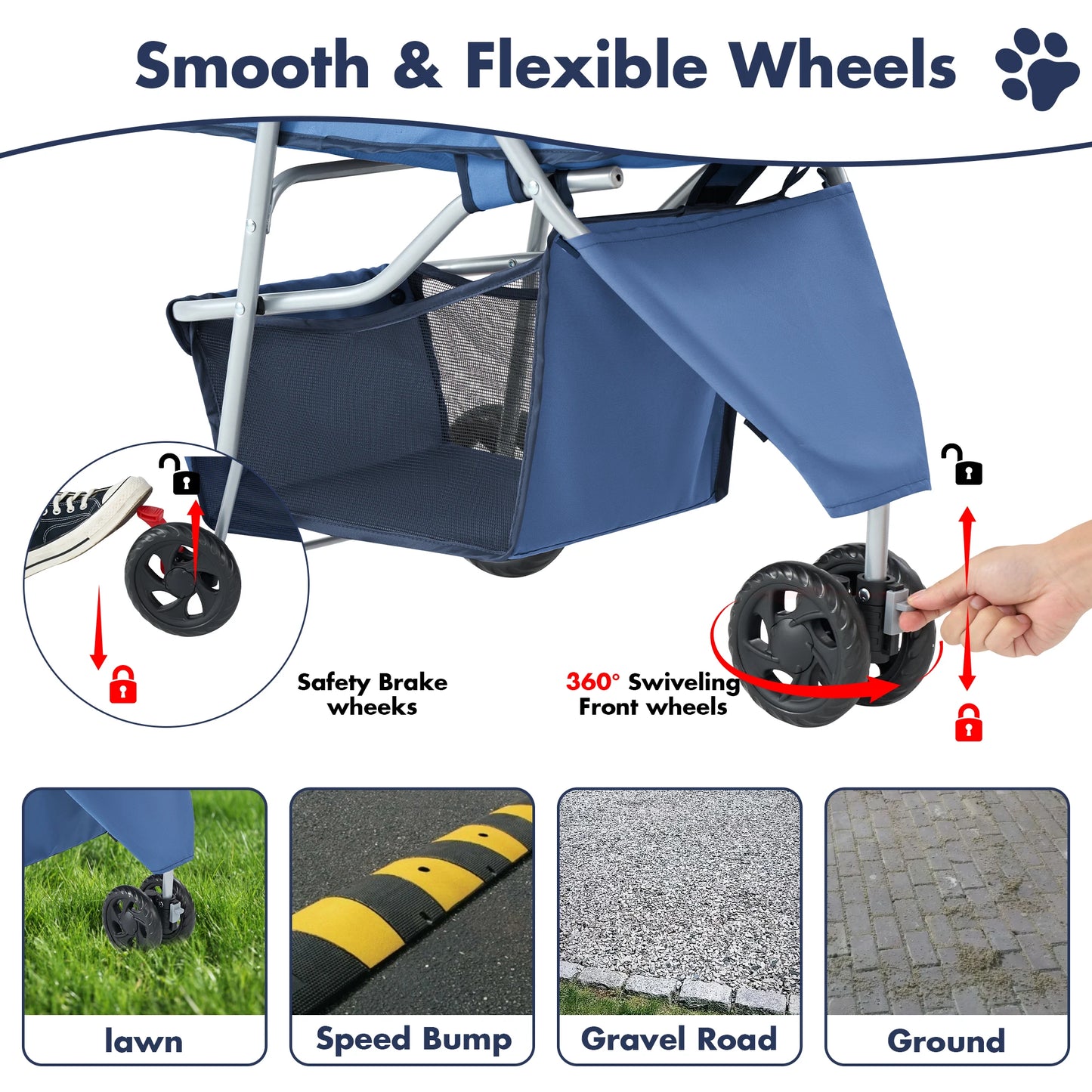 JHK Foldable 3 Wheel Pet Stroller With Basket For Dogs