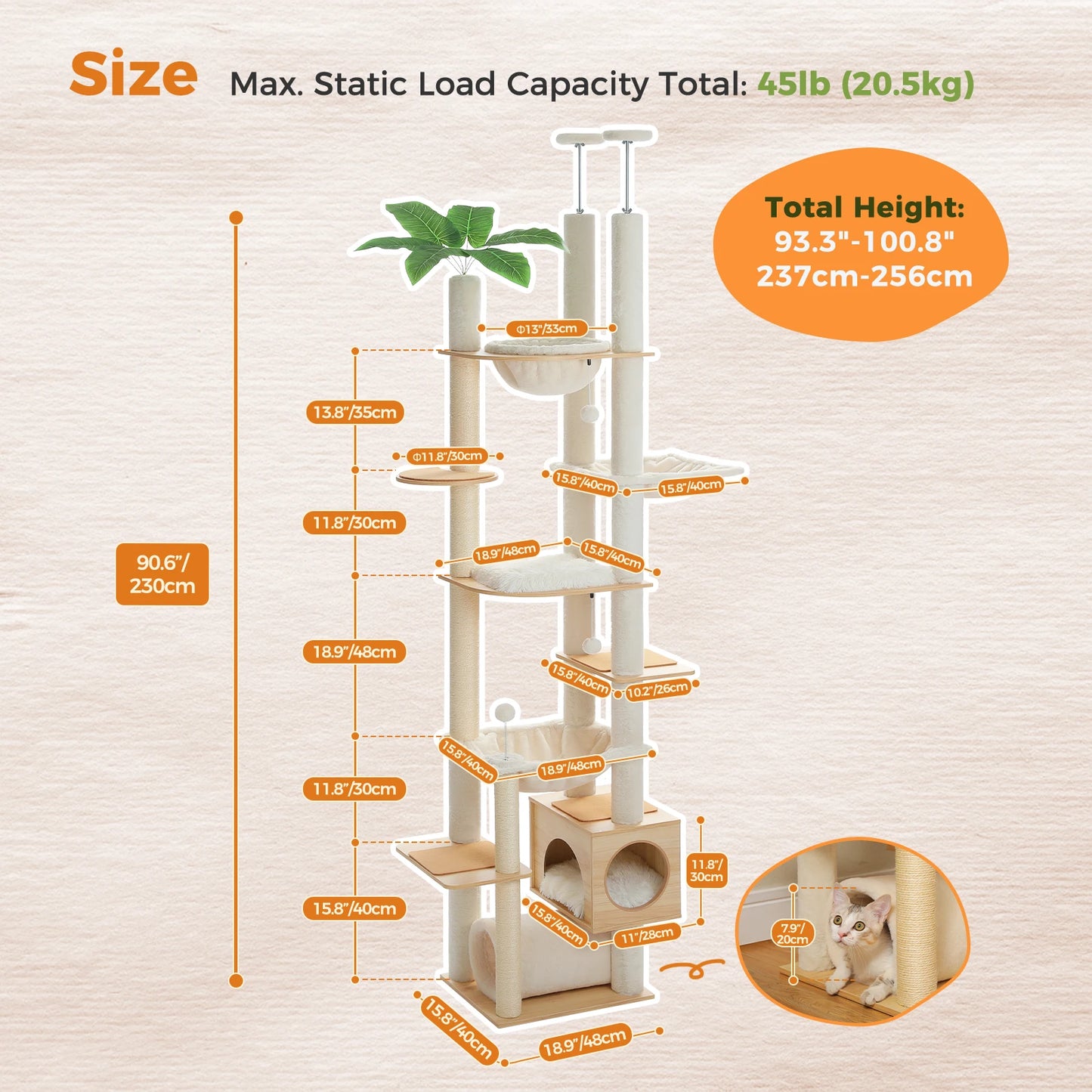 PAWZ Road Height Adjustable Wooden Cat Tower With Hammock Indoor