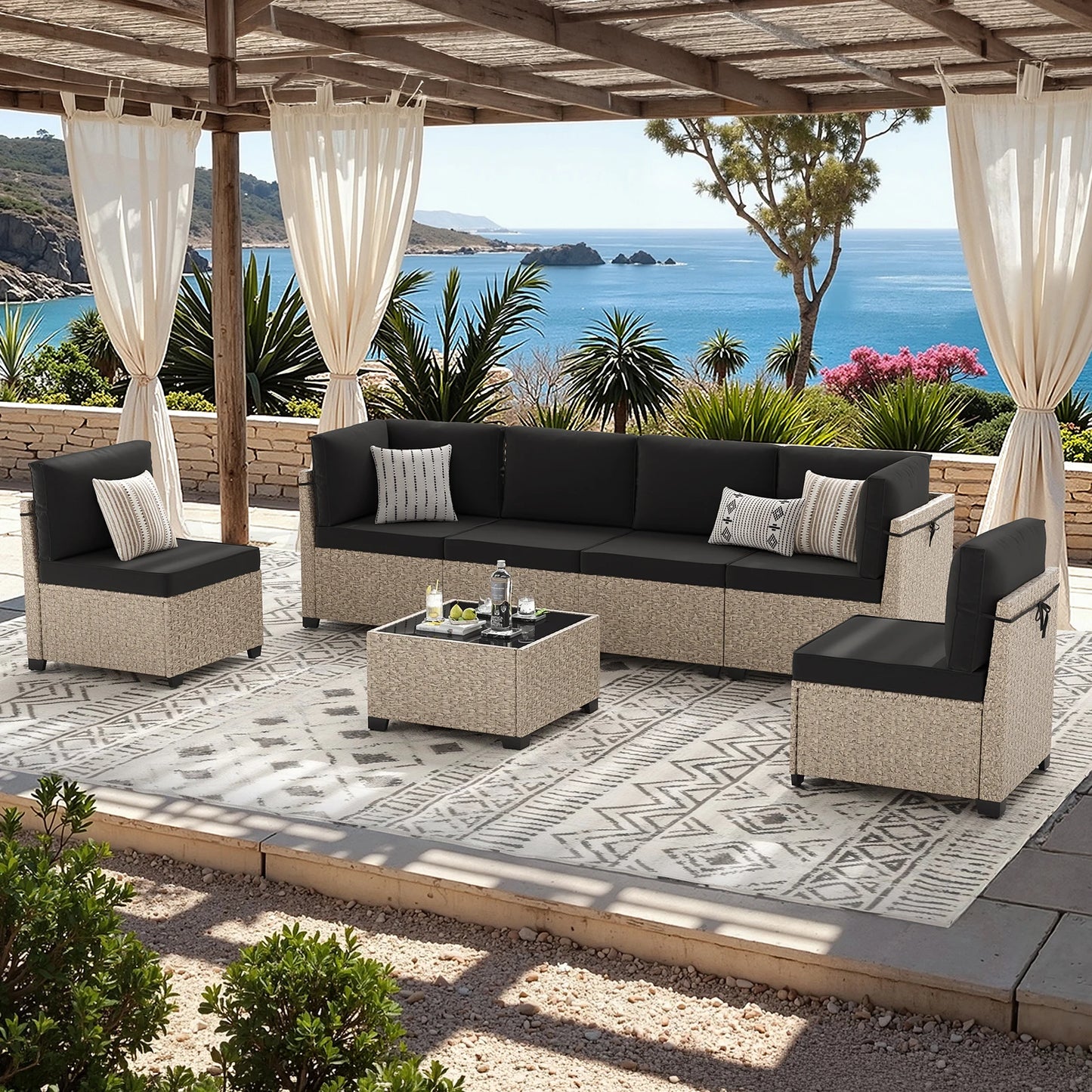 Soohow Outdoor Rattan Patio Sofa Set With Tempered Glass Table