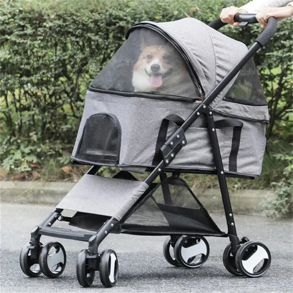 Foldable Pet Stroller With Storage Basket And Rain Cover
