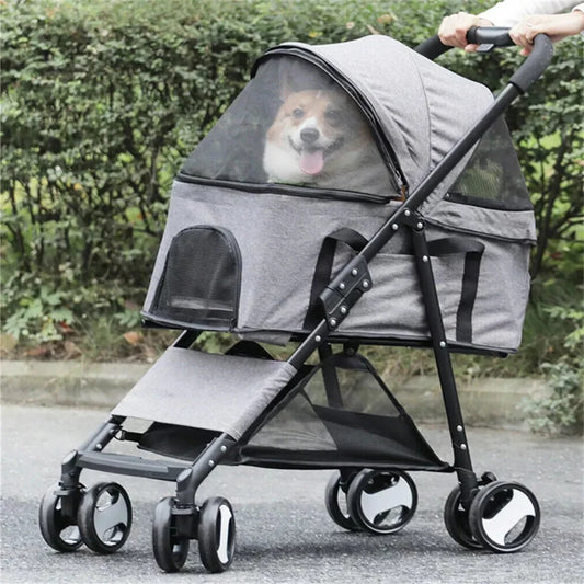 Foldable Pet Stroller With Storage Basket And Rain Cover