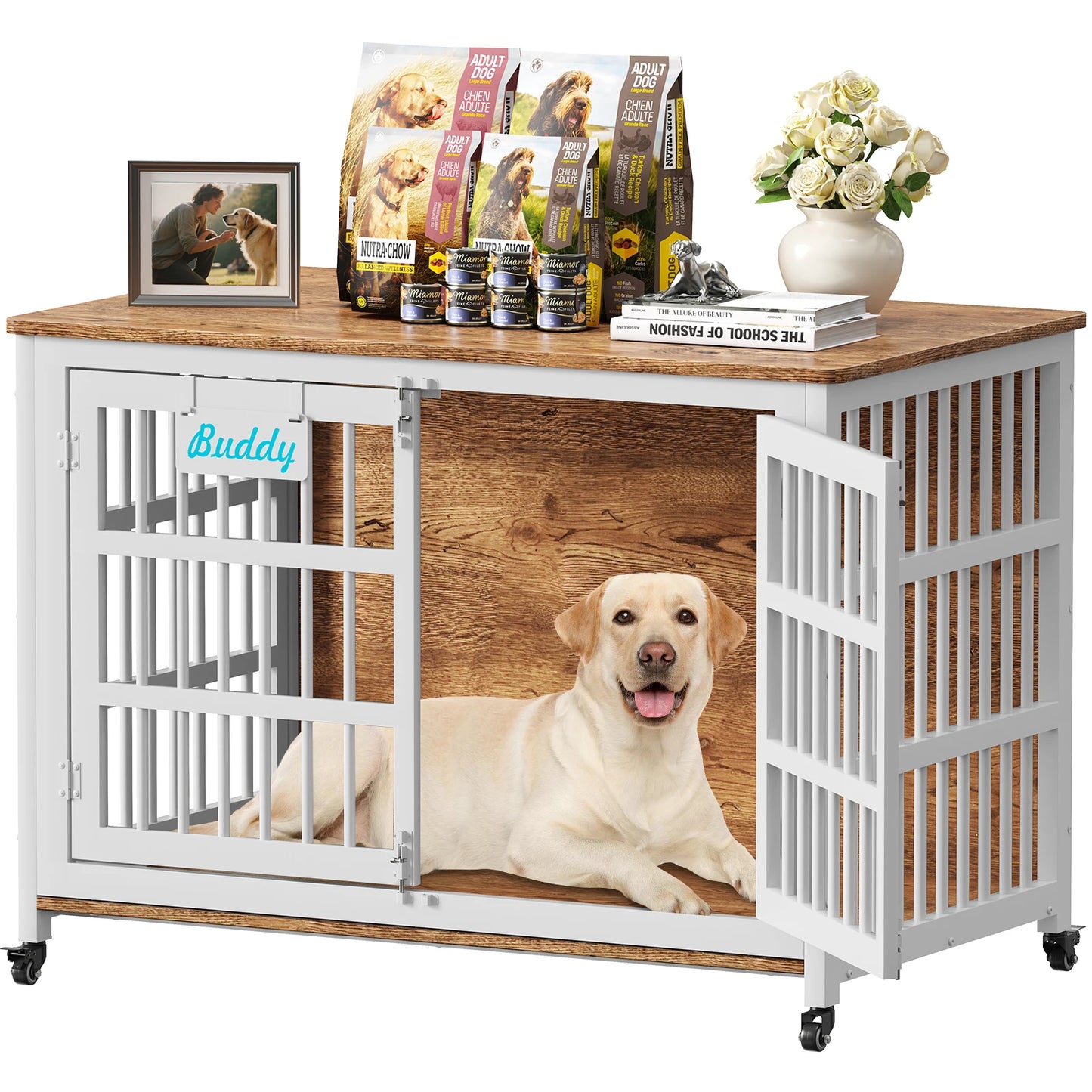 Heavy Duty Wooden Dog Crate Furniture Indoor Kennel With Casters