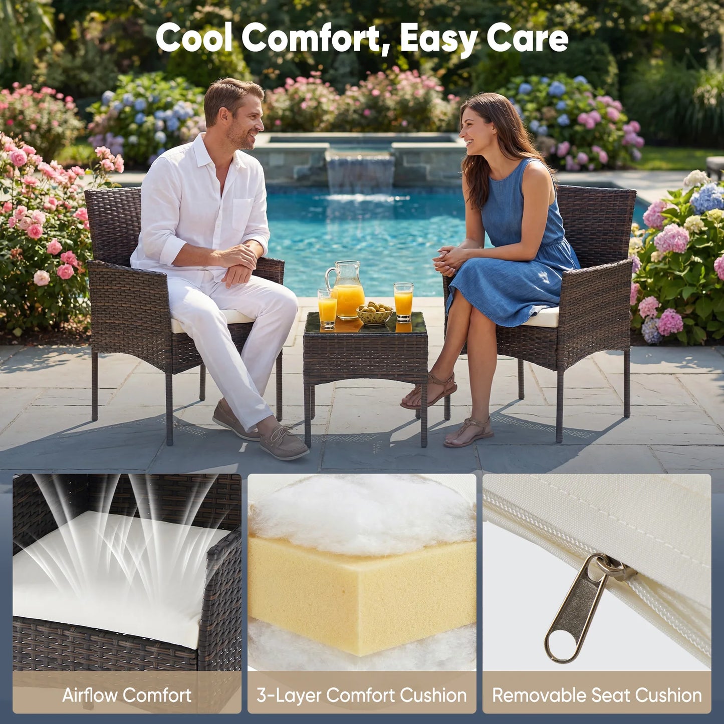 JHK Outdoor Wicker Bistro Set With Glass Table And Cushions