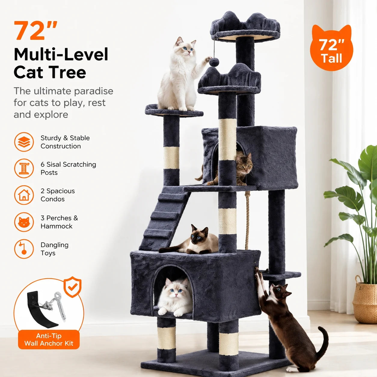 Sturdy Multi Level Cat Tower With Sisal Scratching Posts Condos Hammock