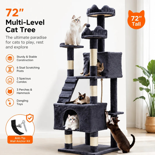 Sturdy Multi Level Cat Tower With Sisal Scratching Posts Condos Hammock