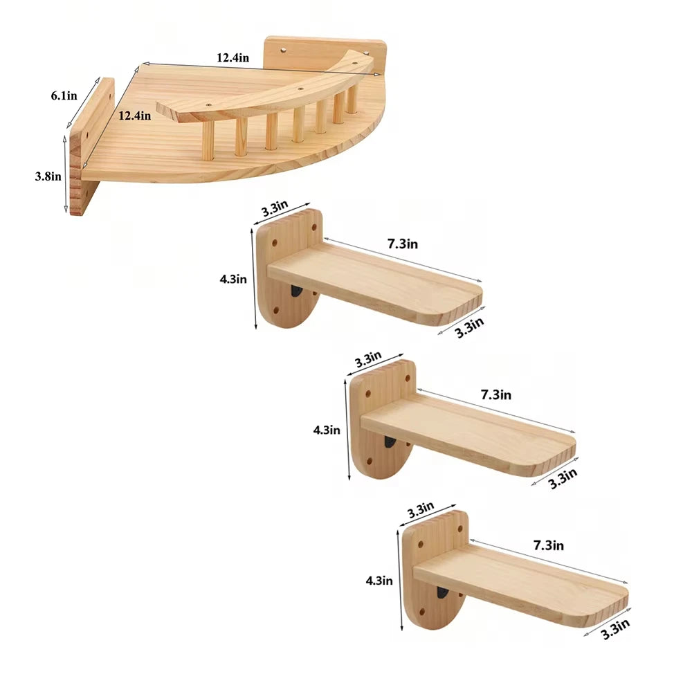 CWV Pine Wood Wall Mounted Cat Tree With Steps Hammock