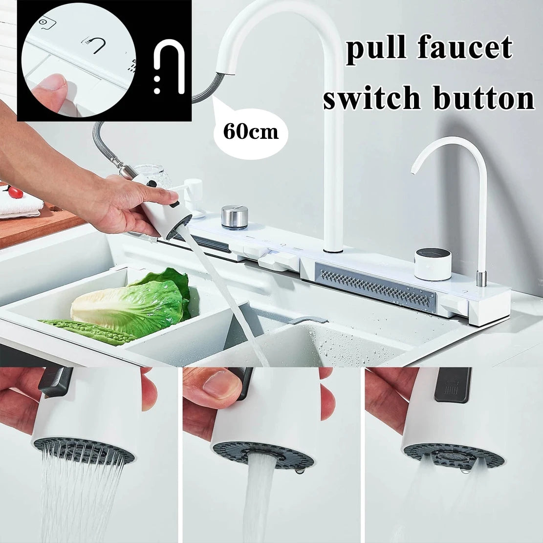 304 Stainless Steel Waterfall Kitchen Sink Large Single Slot Integrated Digital Display Faucet Set Soap Dispenser Cup Washer