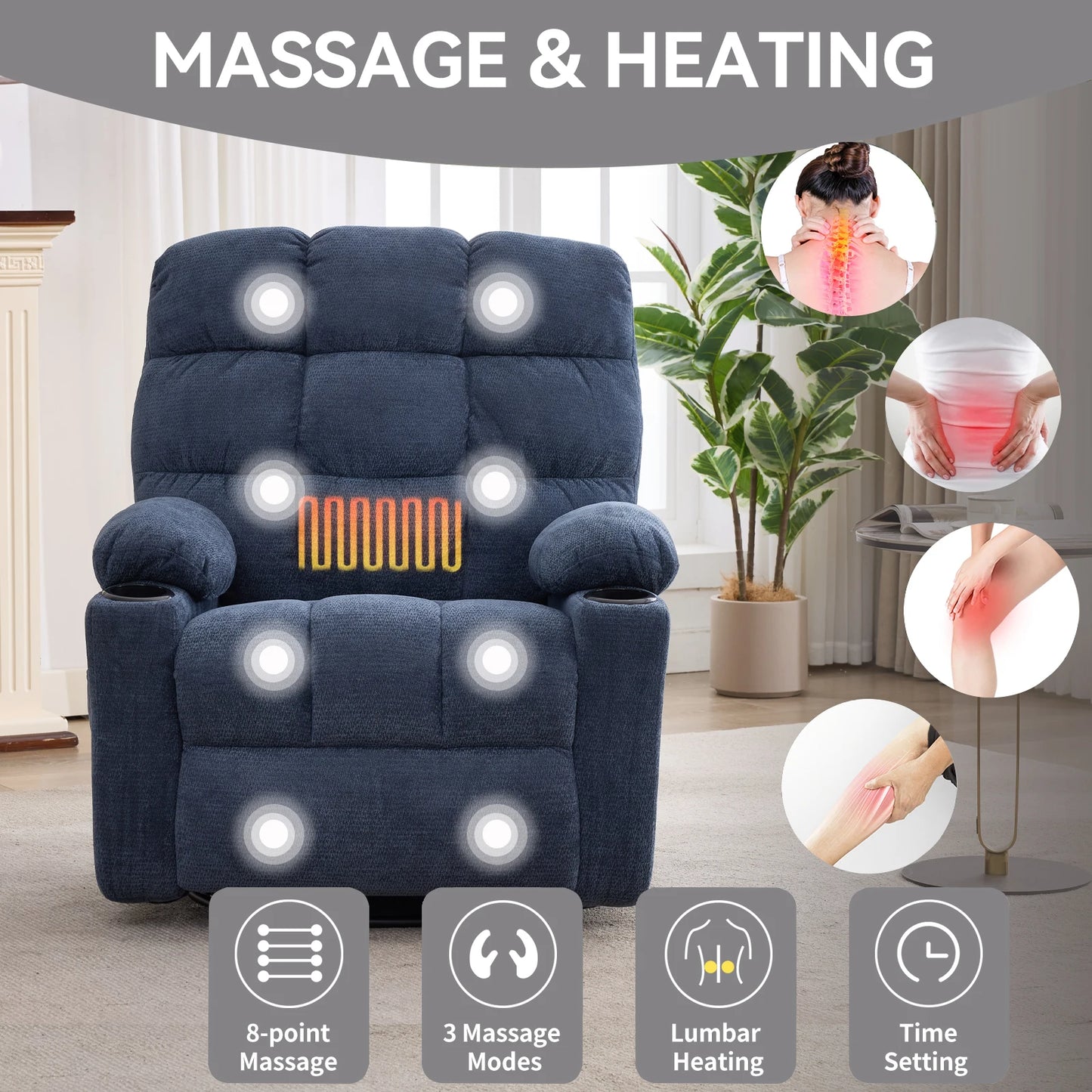 Metal Rocking Recliner Chair With Massage Heat And Cup Holders